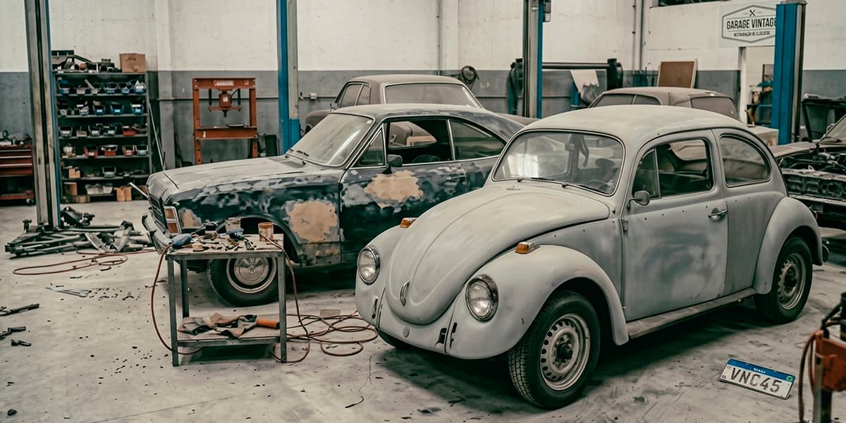 Opala preto e Fusca na oficina AutoCar Vassoler em Marialva — funilaria e pintura automotiva.