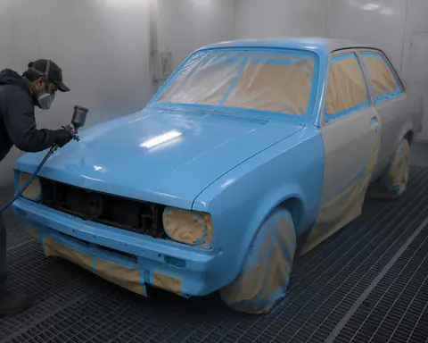 Pintura automotiva na cabine da AutoCar Vassoler — pintor aplicando tinta azul em veículo com equipamento profissional, Marialva, PR.